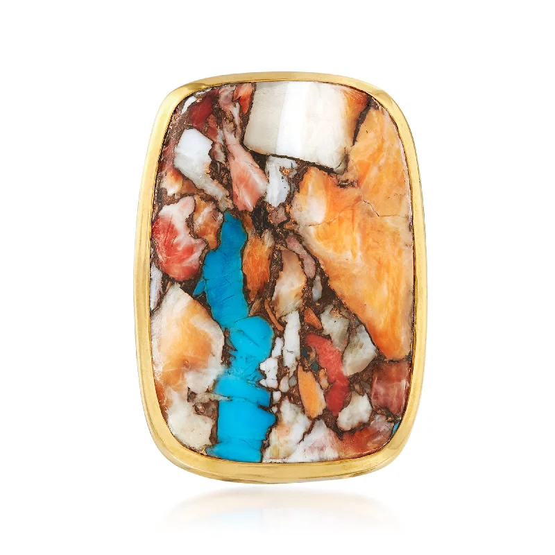 gold eternity rings for men-Ross-Simons Mosaic Kingman Turquoise Ring in 18kt Gold Over Sterling