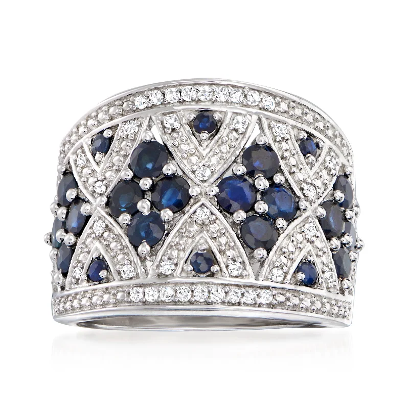 unique engagement rings for men-Ross-Simons Sapphire and . Diamond Wide Ring in Sterling Silver