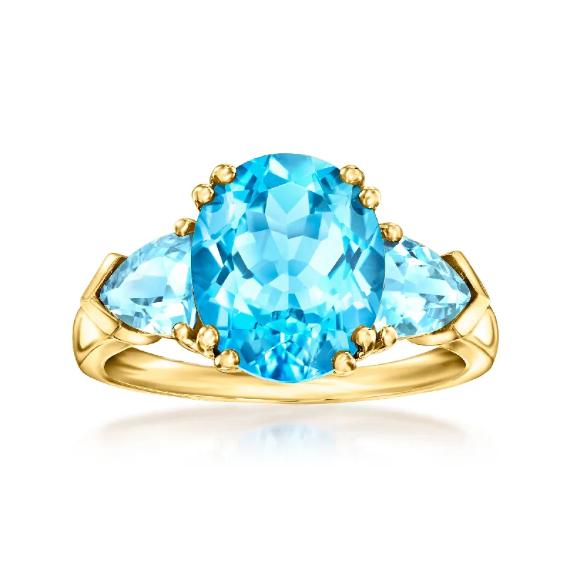 men’s wedding rings with rubies-Ross-Simons Swiss Blue Topaz 3-Stone Ring in 14kt Yellow Gold