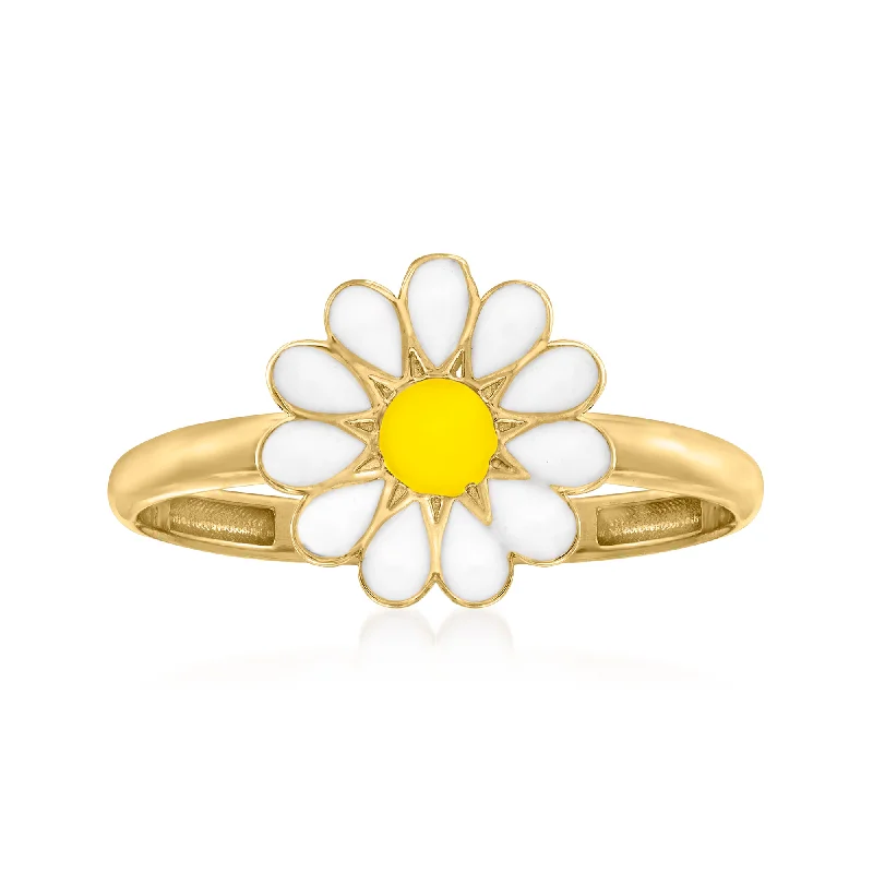 affordable gold wedding bands with diamonds-Ross-Simons White and Yellow Enamel Daisy Ring in 14kt Yellow Gold