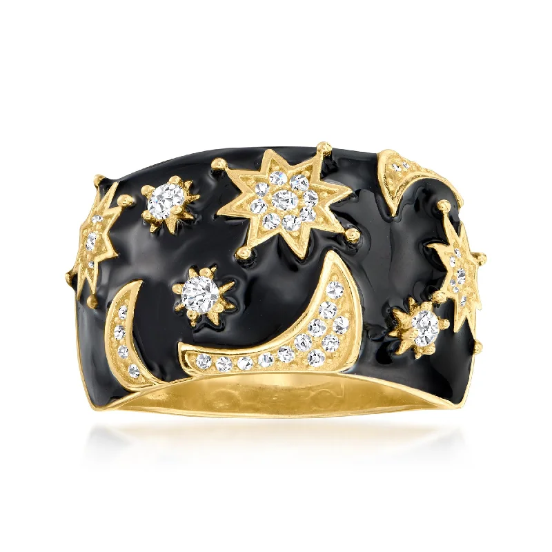 wedding bands for women with rubies-Ross-Simons White Topaz and Black Enamel Celestial Ring in 18kt Gold Over Sterling