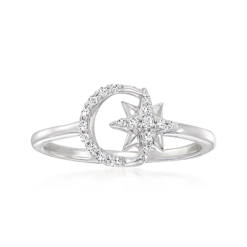 wedding rings with diamonds and sapphires-RS Pure by Ross-Simons Diamond Moon and Star Ring in Sterling Silver