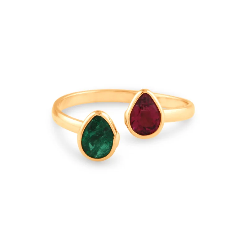 unique promise rings with sapphires-Ruby And Emerald Pear Shape Ring In 18K Yellow Gold