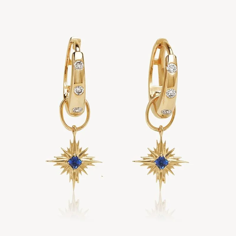 modern geometric hoop earrings for bold looks -Sapphire Starburst Charm Drop Huggies