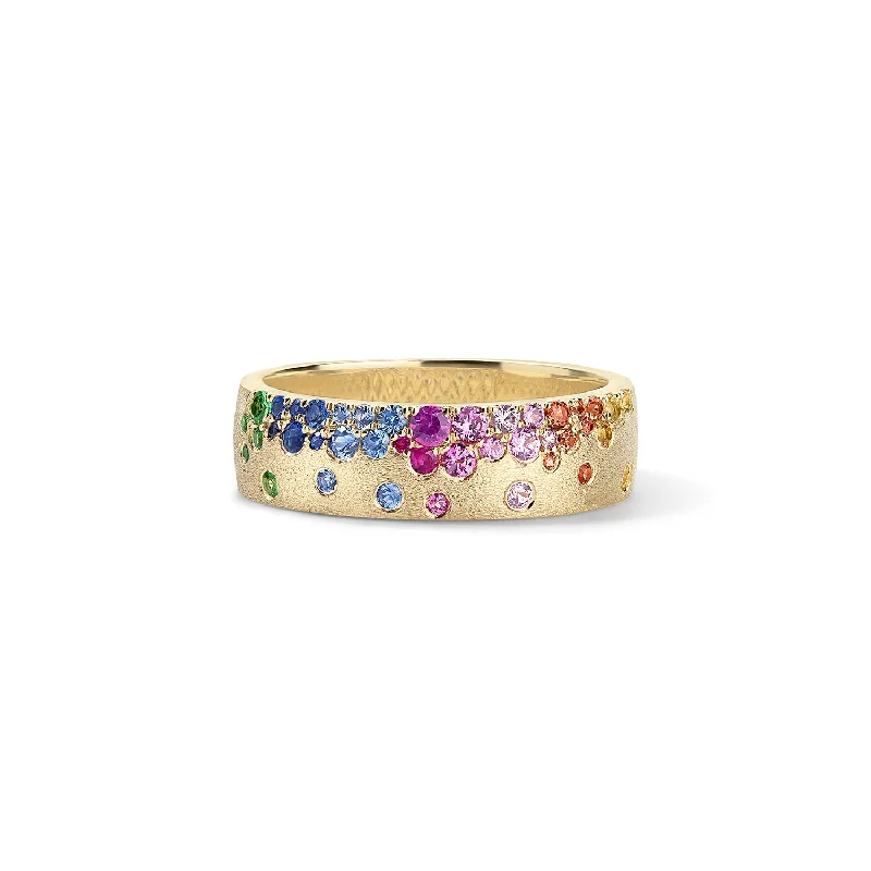 simple wedding bands with diamonds-Scattered Rainbow Thin Cigar Band