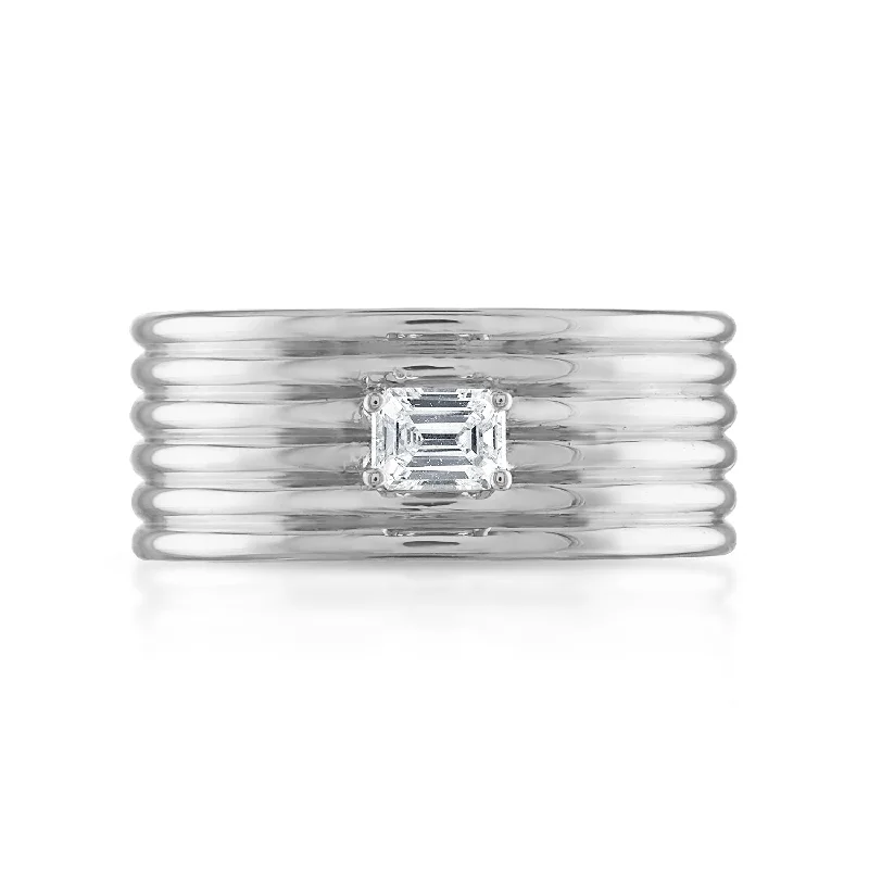 affordable diamond wedding bands-Stacked Coin Emerald Shape Diamond Cigar Band in White Gold  Size 7.5