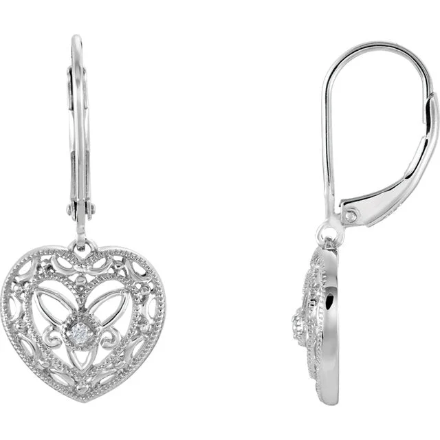 chic gemstone ear cuffs for trendy fashion -Vintage Inspired Sterling Silver Diamond Lever Back Heart Earrings