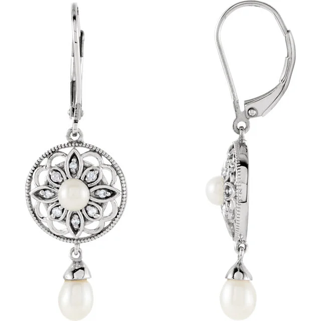 custom-made earrings for personalized jewelry -Sterling Silver Freshwater Cultured Pearl & .08 CTW Diamond Earrings