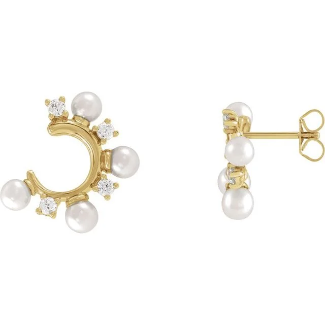 bold crystal earrings for a sparkling touch -14k Gold Cultured White Freshwater Pearl & 1/3 CTW Natural Diamond Hoop Earrings