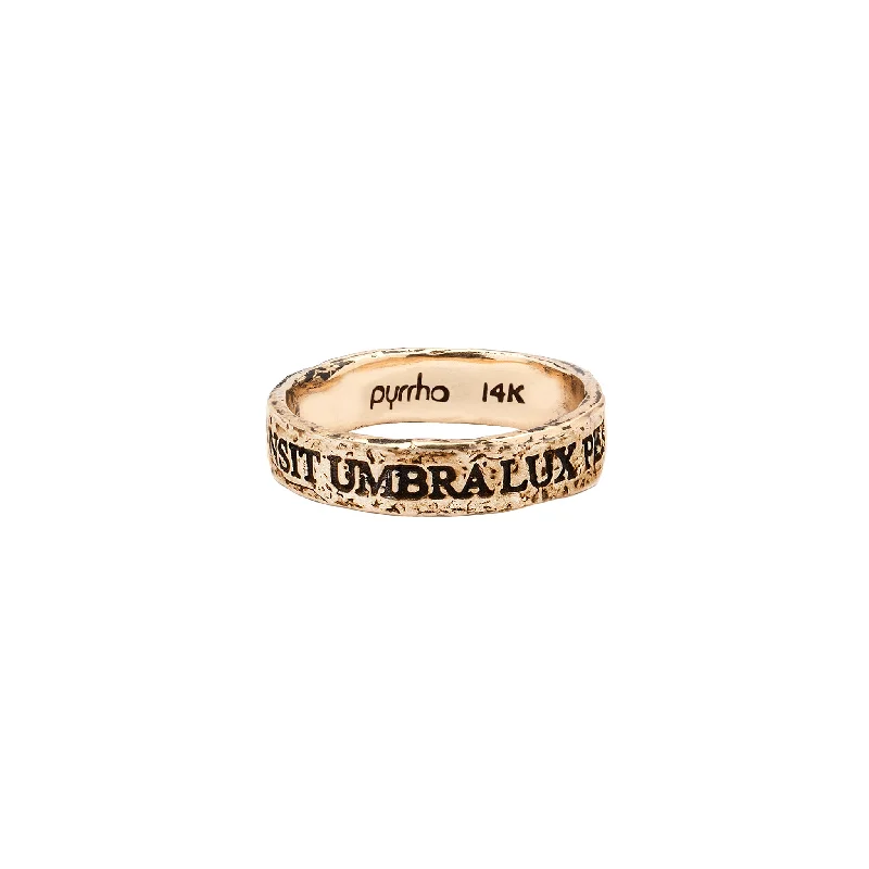 promise rings for couples with gemstones-Shadow Passes Light Remains 14K Gold Latin Motto Band Ring