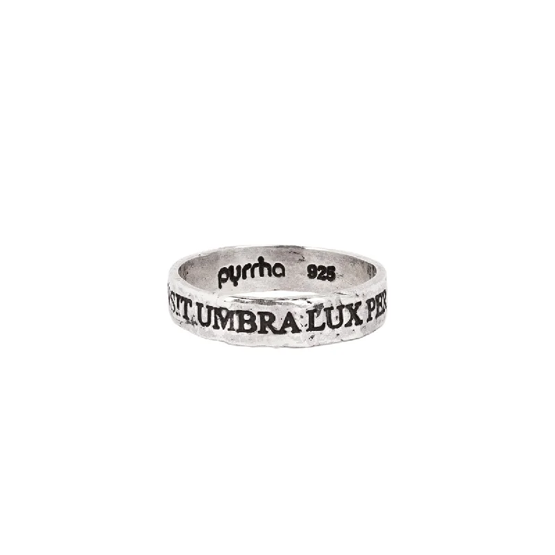 unique rings for couples with engraving-Shadow Passes Light Remains Latin Motto Band Ring