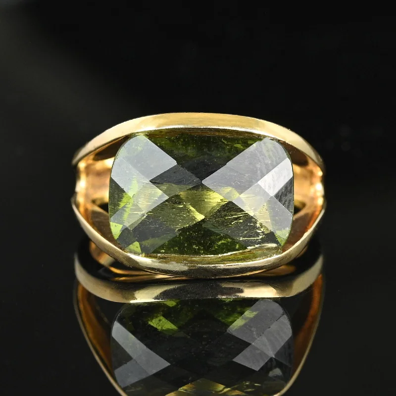 engagement rings with gold and diamonds-Unique 14K Gold Checkerboard Cut Natural Moldavite Ring