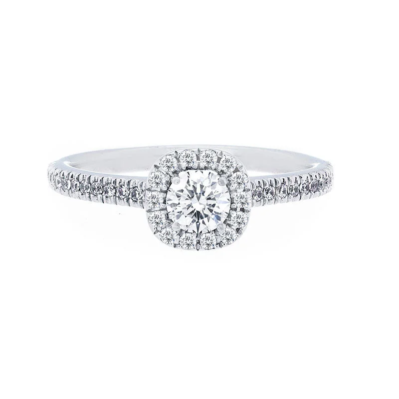 affordable wedding bands with gemstones-Cushion Diamond Halo Engagement Ring with Petite Diamond Band for 0.25ctw Center