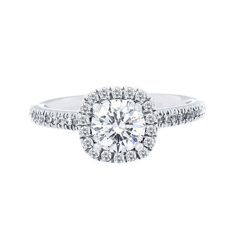 platinum engagement rings with diamonds-Cushion Diamond Halo Engagement Ring with Petite Diamond Band for 0.50ctw Center