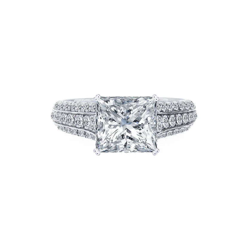 trendy rings for women-Princess Cut Center Diamond 3 Row Tapered Engagement Ring