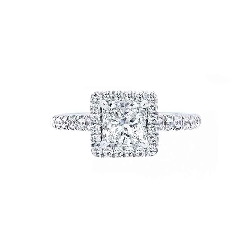 luxury gold engagement rings-Princess Diamond Halo Engagement Ring with Diamond Band for 1.00ctw Center