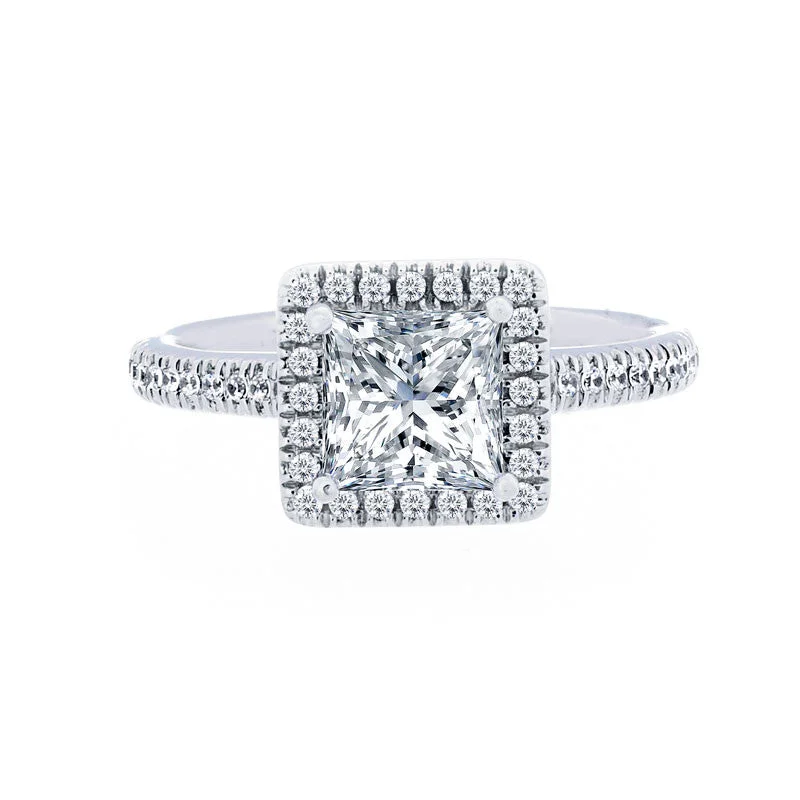 rings for engagement with diamonds and sapphires-Princess Diamond Halo Engagement Ring with Petite Diamond Band for 1.00ctw Center