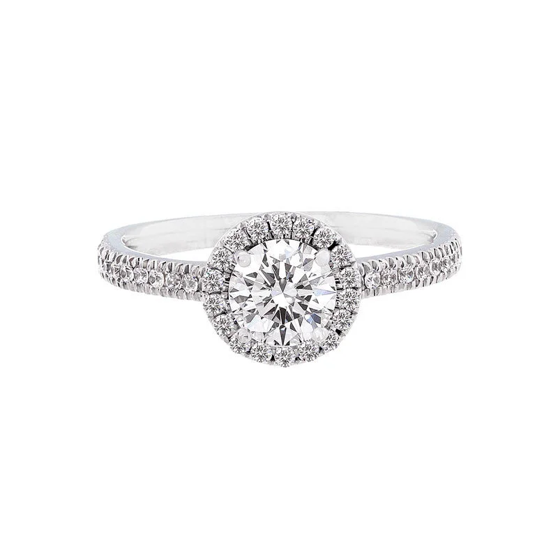 luxury rings for engagements-Round Diamond Halo Engagement Ring with Petite Diamond Band for 1.00ctw Center