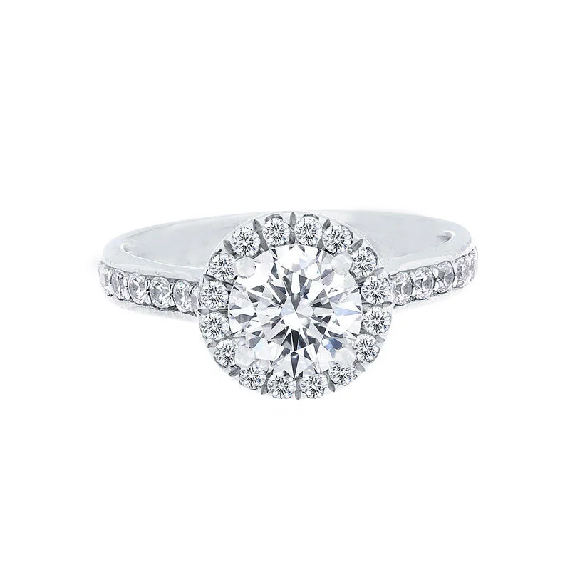 affordable diamond wedding bands-Round Diamond Halo Engagement Ring with Single Row Diamond Band