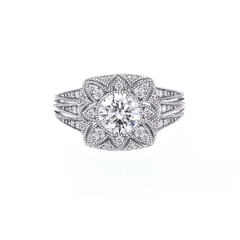 unique gold rings for women-Vintage Flower Diamond Halo with Milgrain Engagement Ring