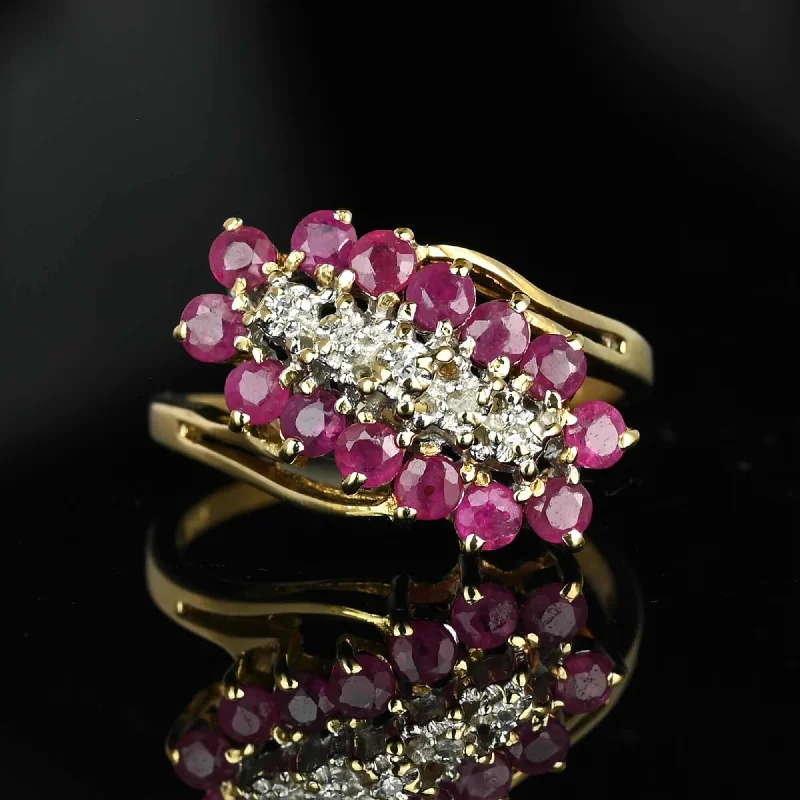 engagement rings for couples with gemstones-Vintage 10K Gold Bypass Diagonal Diamond Ruby Cluster Ring