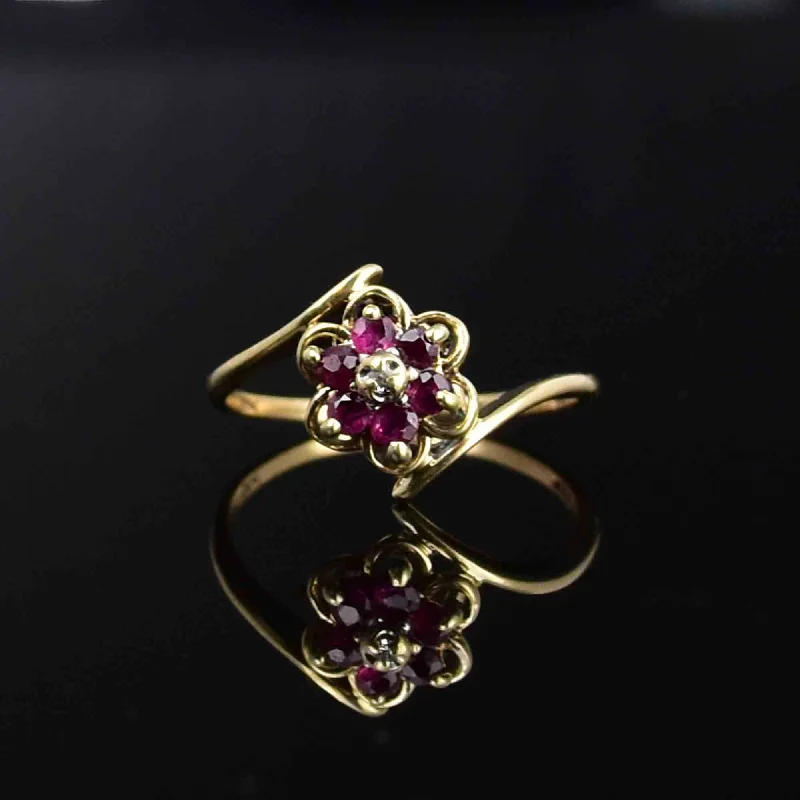 rings with sapphires for engagements-Vintage 10K Gold Diamond Ruby Flower Cluster Ring