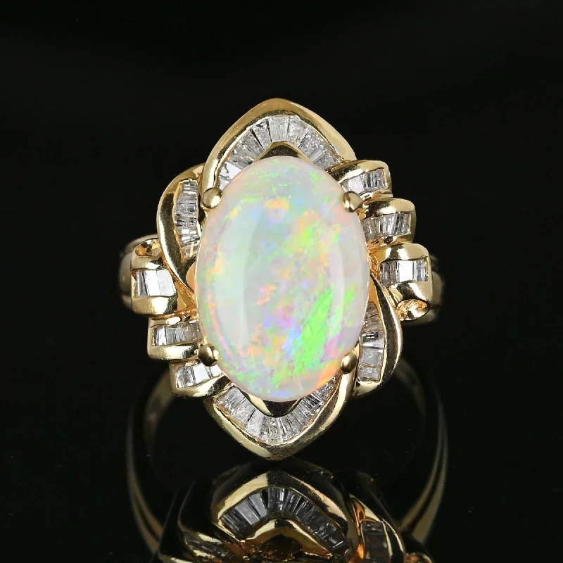 unique engagement rings with custom designs-Vintage 14K Gold Baguette Diamond Opal Cocktail Ring