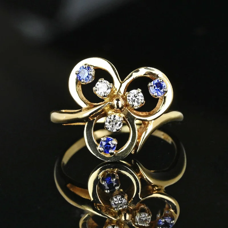 simple wedding bands with diamonds-Vintage 14K Gold Diamond Sapphire Three Leaf Clover Ring