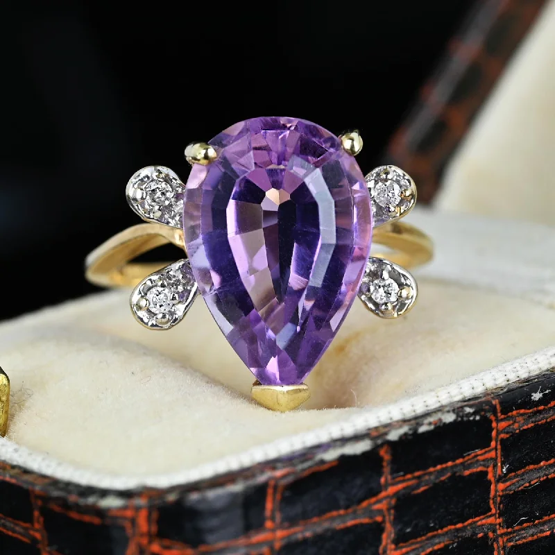 women’s wedding bands with aquamarine-Vintage 14K Gold Diamond Wing Pear Cut Amethyst Ring