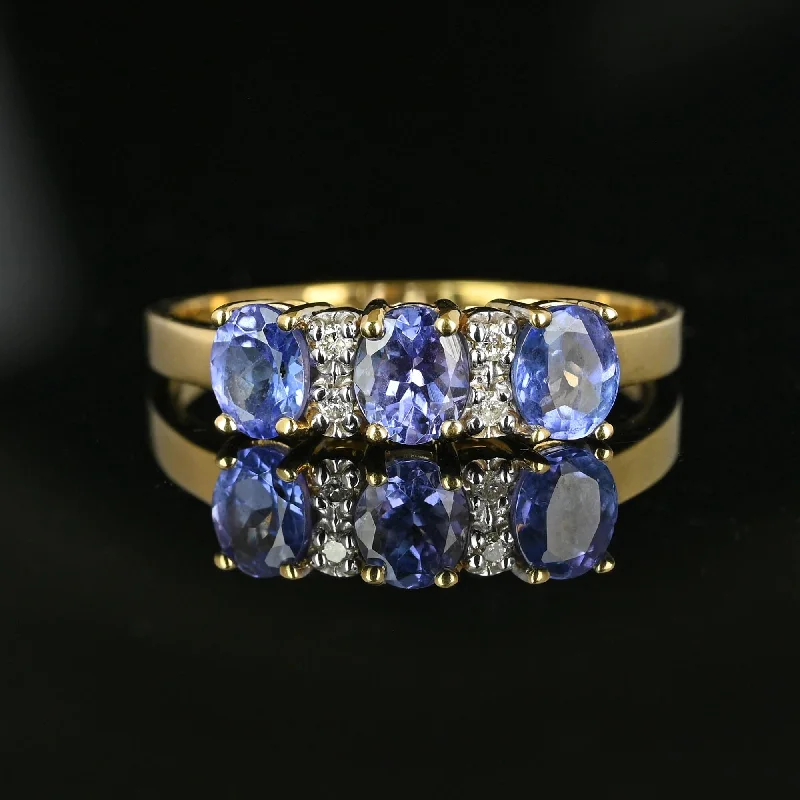 men’s custom engagement rings with diamonds-Vintage 14K Gold Three Stone Diamond Tanzanite Ring