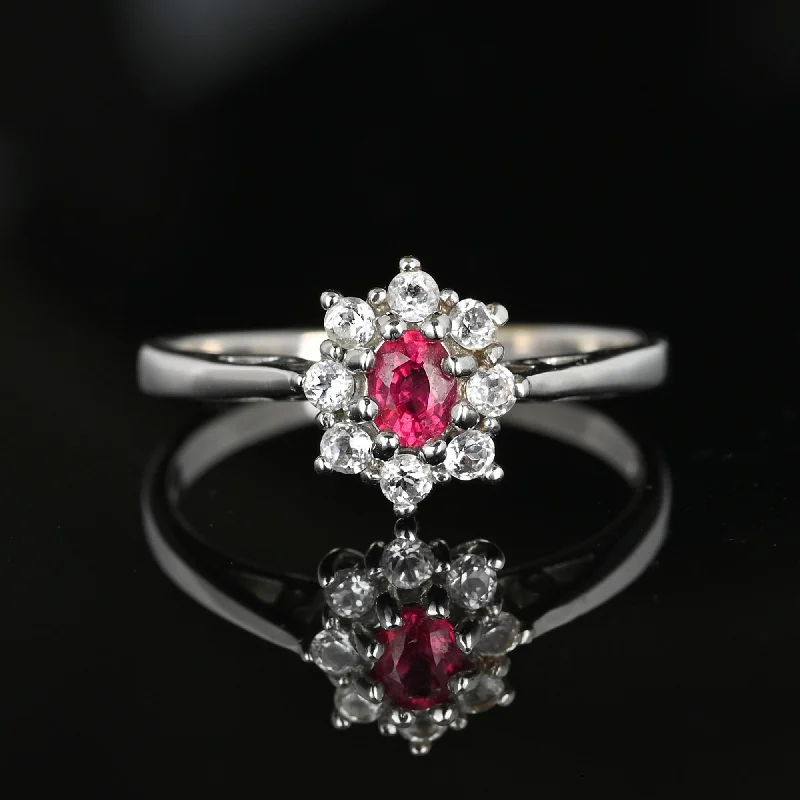 stackable rings with diamonds for women-Vintage 14K White Gold Red Spinel Halo Cluster Ring