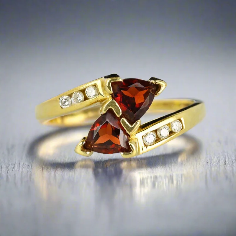 unique wedding rings with sapphires-Vintage Gold Bypass Diamond Trillion Cut Garnet Ring