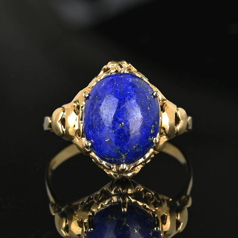 two-tone wedding bands for men-Vintage Gold Heart and Bow Lapis Lazuli Ring