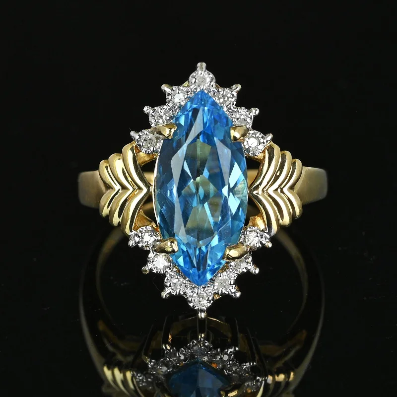 diamond wedding rings with emeralds-Vintage Gold Marquise Blue Topaz Diamond Cluster Ring