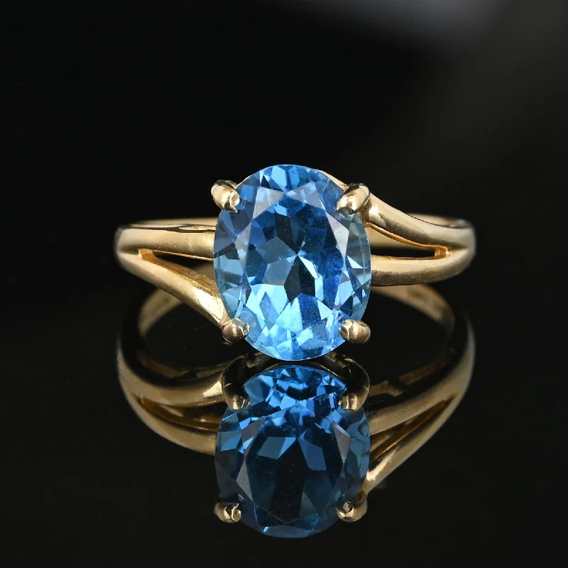 silver wedding rings with gemstones-Vintage MidCentury 14K Gold Oval Blue Topaz Ring