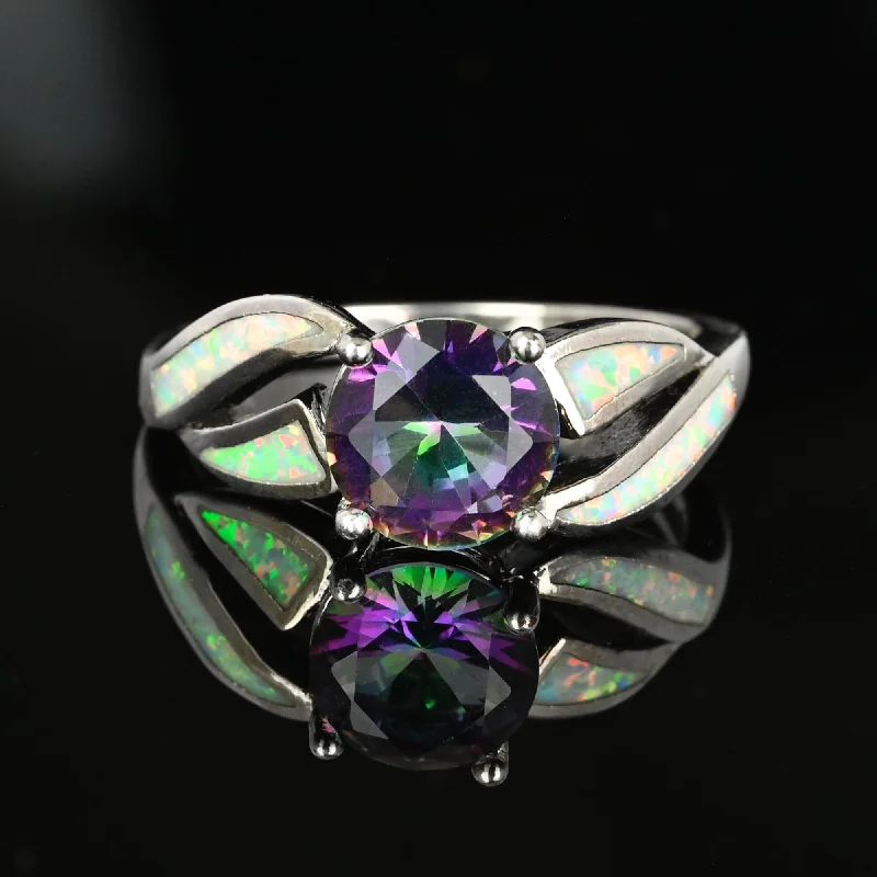 women’s wedding rings with emeralds-Vintage Opal Inlay Mystic Topaz Ring in 10K White Gold