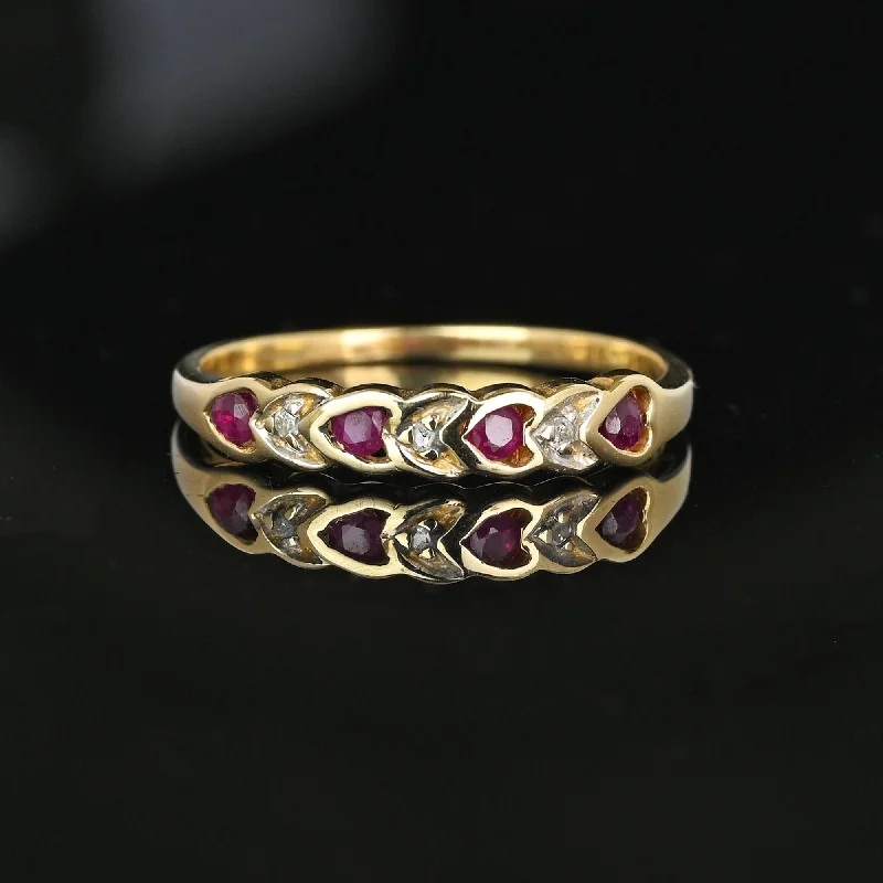 luxury rings for engagements-Vintage Ruby Diamond Heart Ring Band in 10K Gold