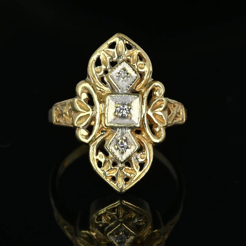 engagement rings with silver bands-Vintage Two Tone Gold Floral Filigree Diamond Shield Ring