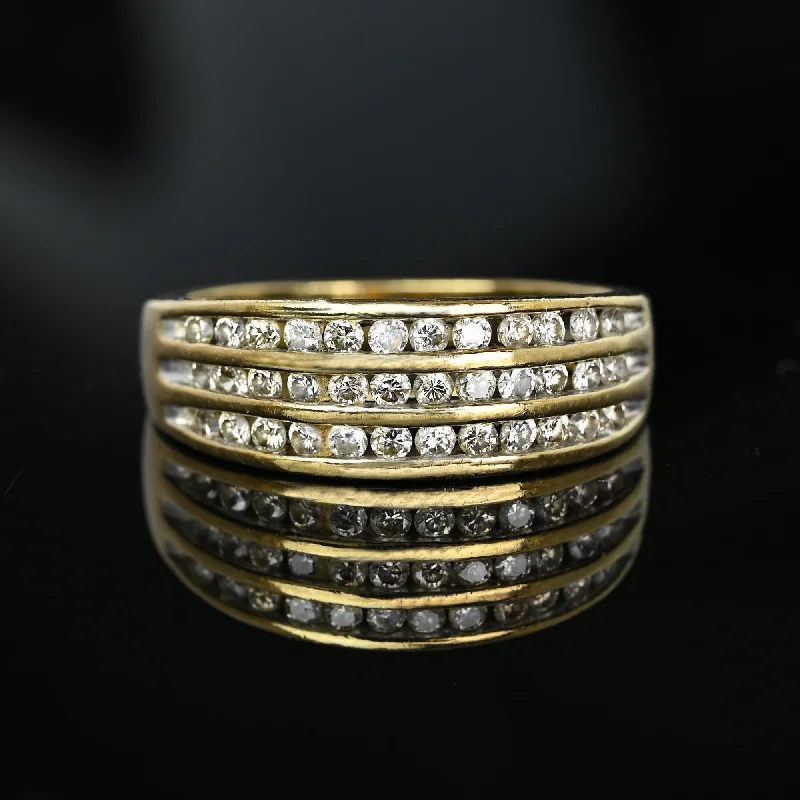 women’s wedding rings with colored stones-Vintage Wide Three Row Diamond Ring Band in 10K Gold