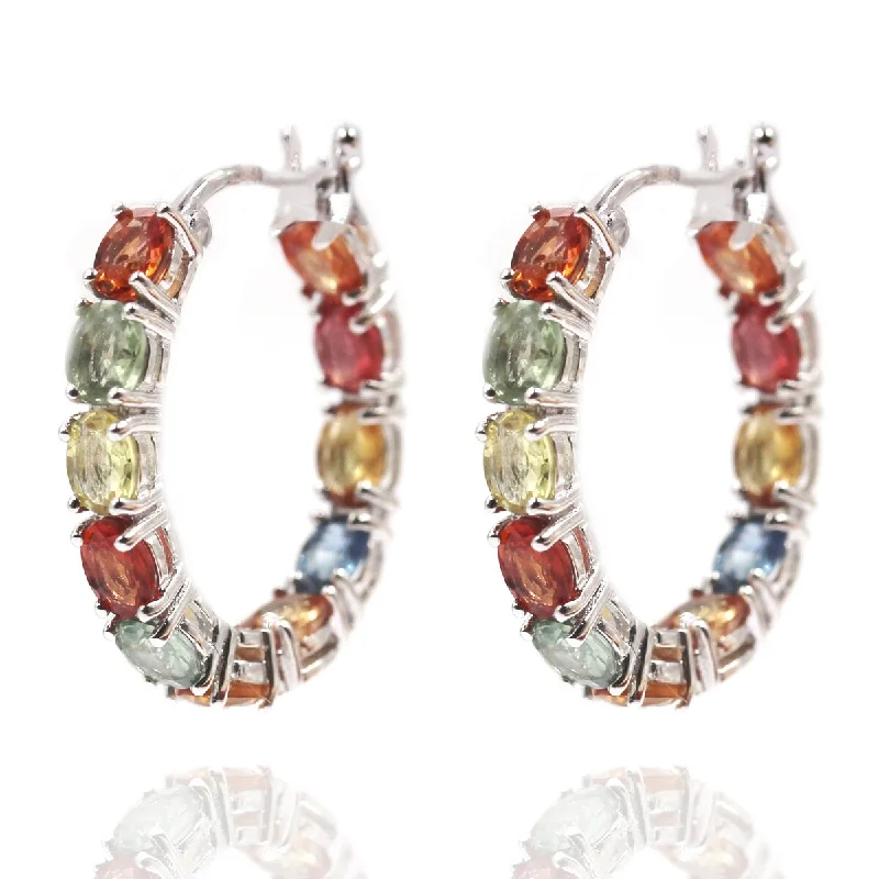 statement gemstone earrings for dramatic impact -925 Sterling Silver Multi Sapphire Hoops Earrings