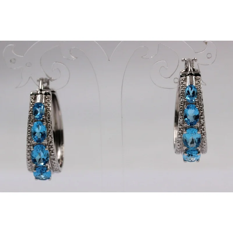 vintage-style drop earrings for timeless charm -925 Sterling Silver Swiss Blue Topaz and White Natural Zircon Hoop Earrings