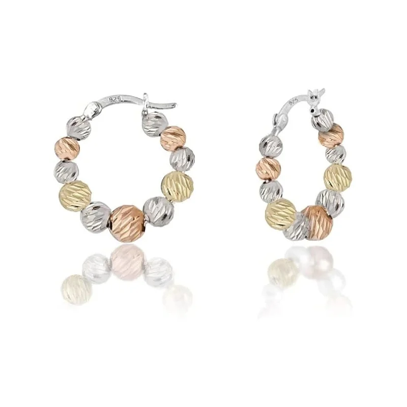 bold crystal earrings for a sparkling touch -925 Sterling Silver Tri Color Graduated Beaded Round Hoop Earrings - Tri Color