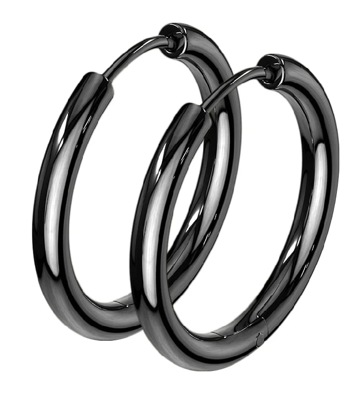 vibrant enamel earrings for fun fashion -Black PVD Stainless Steel Hinged Hoop Earrings