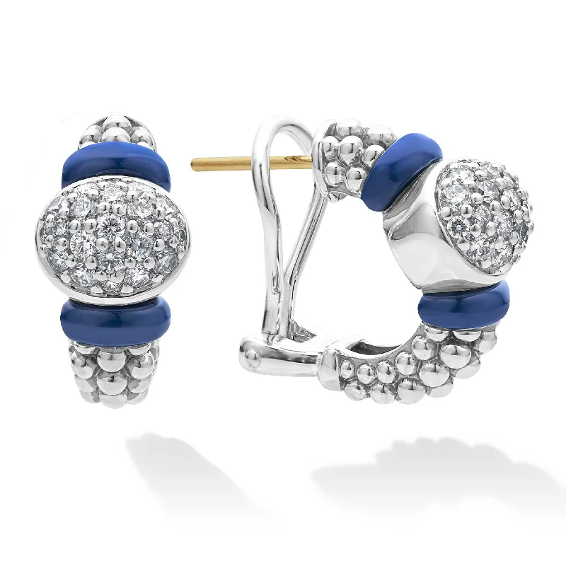 bright colored earrings for summer style -Blue Caviar Diamond Oval Ceramic Hoop Earrings