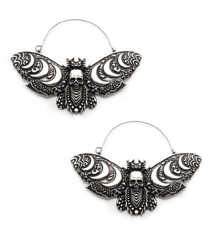 elegant crystal earrings for special nights -Crescent Moon Death Moth Plug Hoops