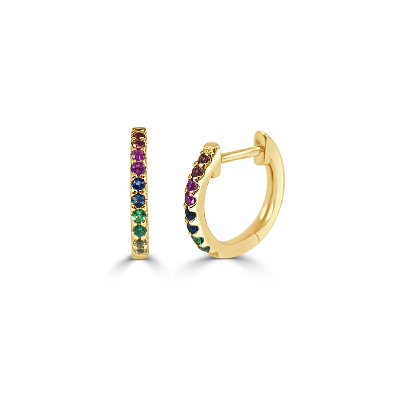 large statement earrings for bold personalities -Joelle Multi Sapphire Huggie Earring - 14K Gold Earrings U-Shaped Hoops With Rainbow Sapphires