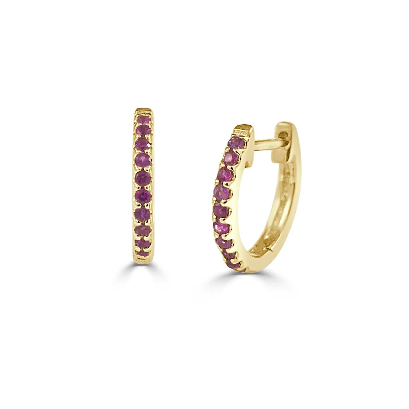 trendy rhinestone earrings for party wear -Joelle Ruby Huggie Earrings - 14K Gold Earrings U-Shaped Hoops With Rubies