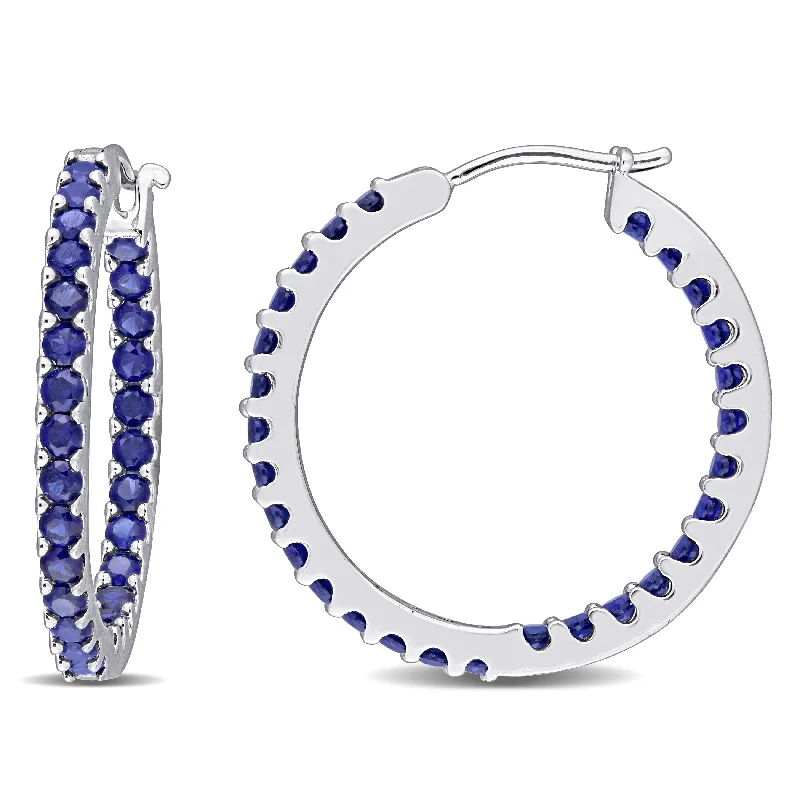 bohemian beaded earrings for creative looks -Miadora 10k White Gold Created Blue Sapphire Inside Outside Hoop Earrings - 25.5 mm x 2.4 mm x 25.4 mm