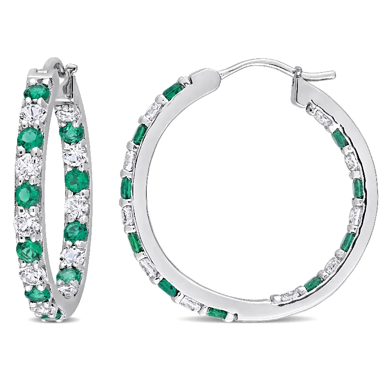 sleek silver huggie earrings for everyday wear -Miadora Created Emerald and Created White Sapphire Inside Outside Hoop Earrings in Sterling Silver