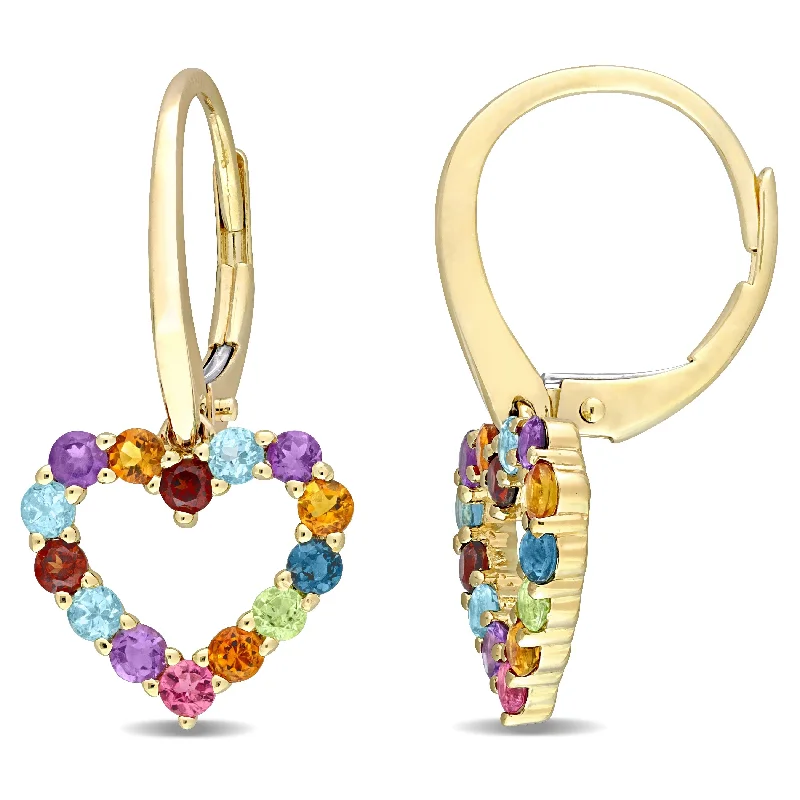 oversized crystal hoop earrings for dazzling style -Miadora Multi-Color Gemstone Heart Open Hoop Drop Leverback Earrings in 10k Yellow Gold